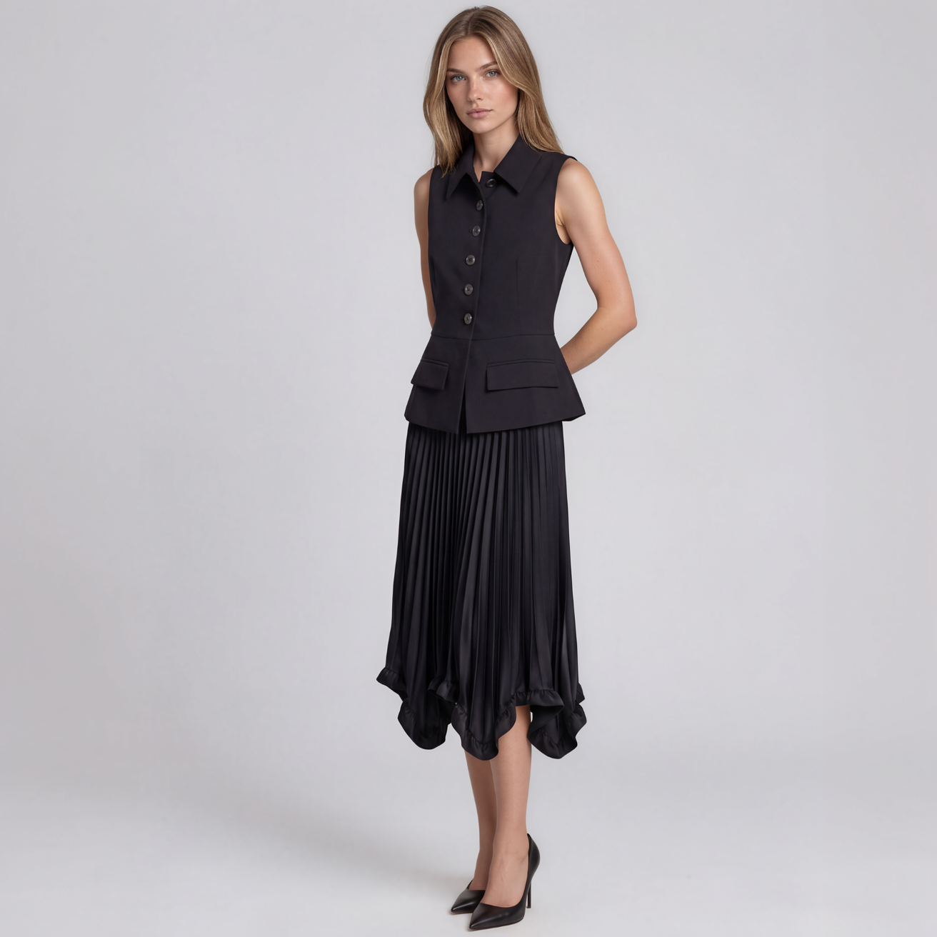 Paige Collared Vest and Pleated Midi Skirt