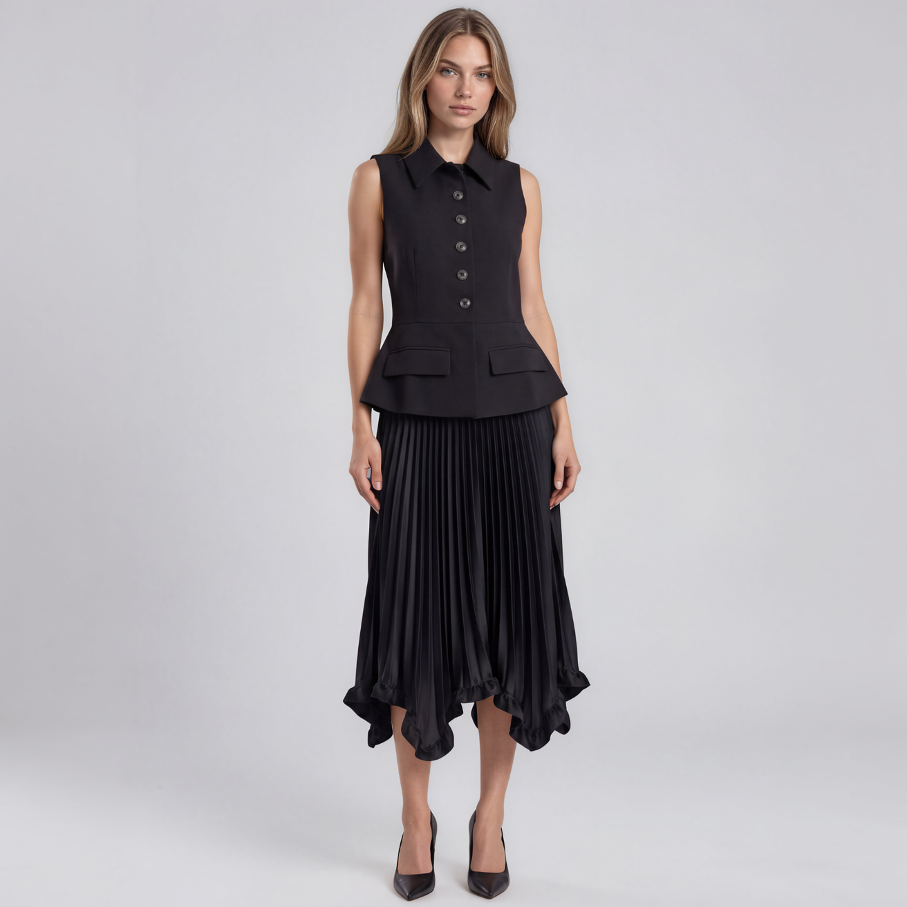 Paige Collared Vest and Pleated Midi Skirt