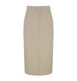 Khaki belted trench jacket with a convertible collar and straight midi pencil skirt, a tailored two-piece workwear set for women.