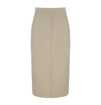 Khaki belted trench jacket with a convertible collar and straight midi pencil skirt, a tailored two-piece workwear set for women.