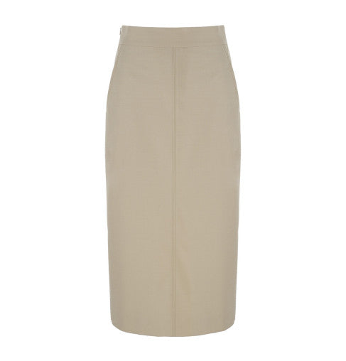 Khaki belted trench jacket with a convertible collar and straight midi pencil skirt, a tailored two-piece workwear set for women.
