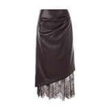 Chocolate brown faux-leather set with a belted shirt jacket and draped lace-trim midi skirt, women's evening two-piece.