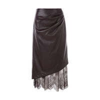 Chocolate brown faux-leather set with a belted shirt jacket and draped lace-trim midi skirt, women's evening two-piece.