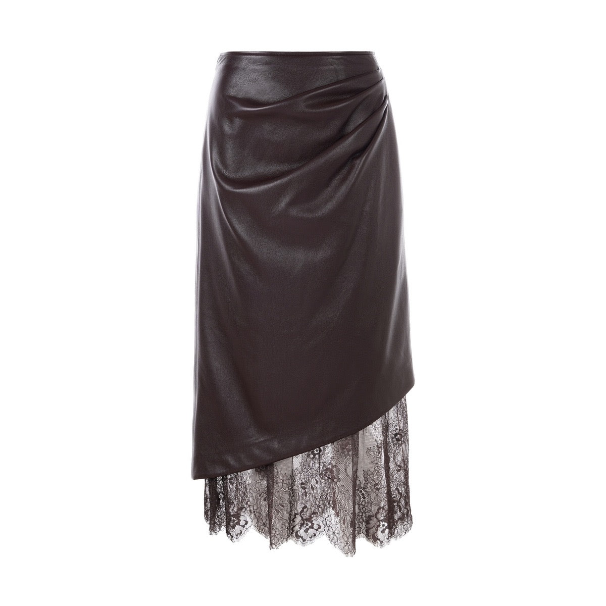 Chocolate brown faux-leather set with a belted shirt jacket and draped lace-trim midi skirt, women's evening two-piece.