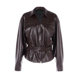 Chocolate brown faux-leather set with a belted shirt jacket and draped lace-trim midi skirt, women's evening two-piece.