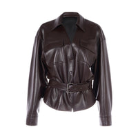 Chocolate brown faux-leather set with a belted shirt jacket and draped lace-trim midi skirt, women's evening two-piece.