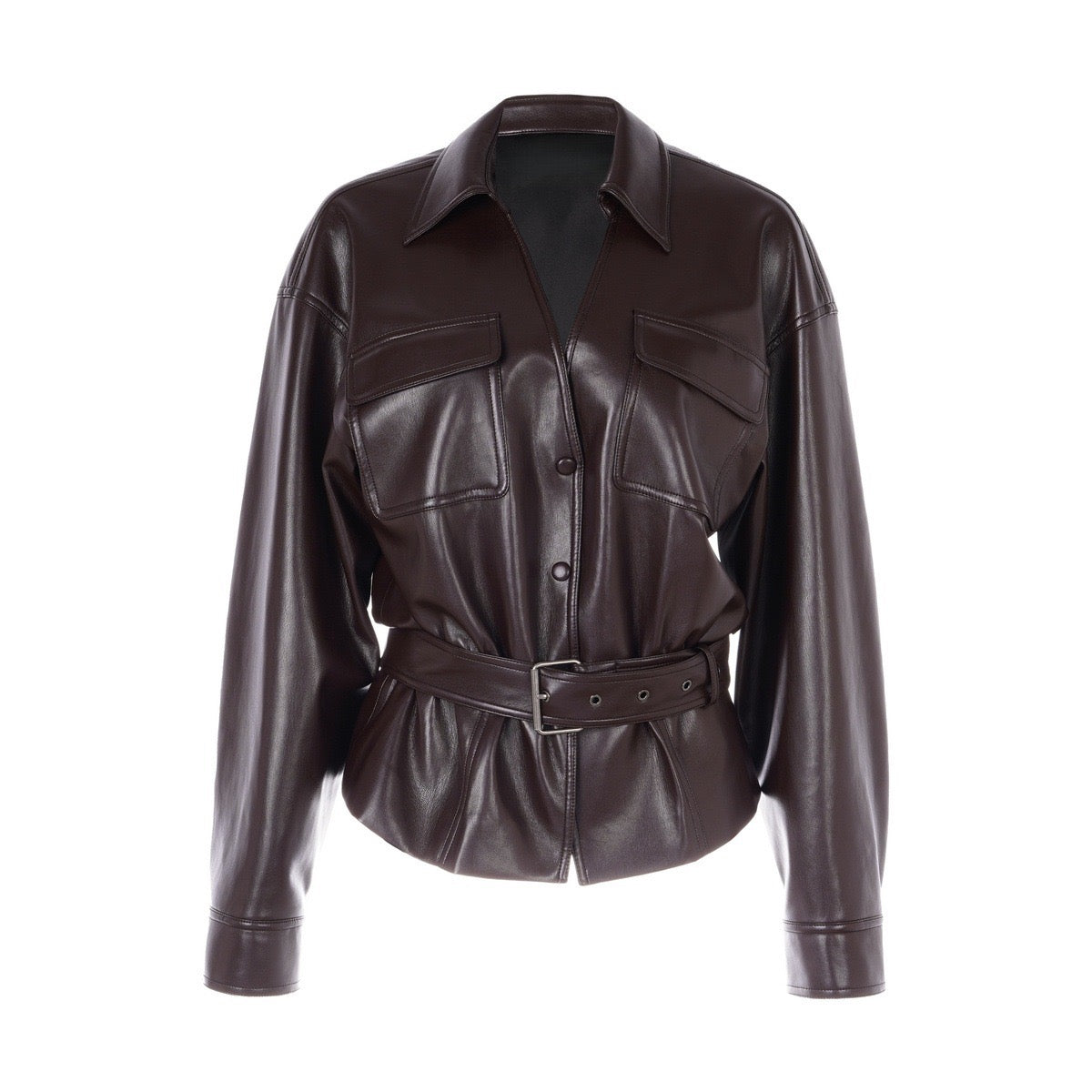 Chocolate brown faux-leather set with a belted shirt jacket and draped lace-trim midi skirt, women's evening two-piece.