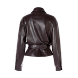 Scarlett Chocolate Brown Leather Jacket and Lace-Trim Midi Skirt