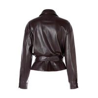 Scarlett Chocolate Brown Leather Jacket and Lace-Trim Midi Skirt