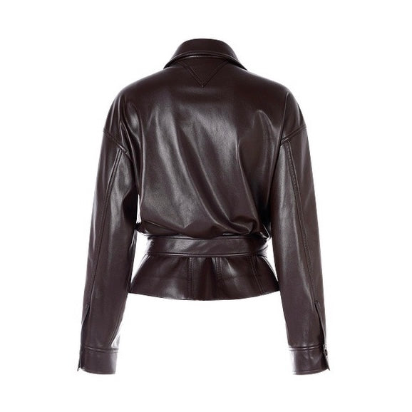 Scarlett Chocolate Brown Leather Jacket and Lace-Trim Midi Skirt