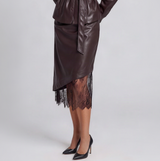 Scarlett Burgundy Leather Jacket and Lace-Trim Midi Skirt