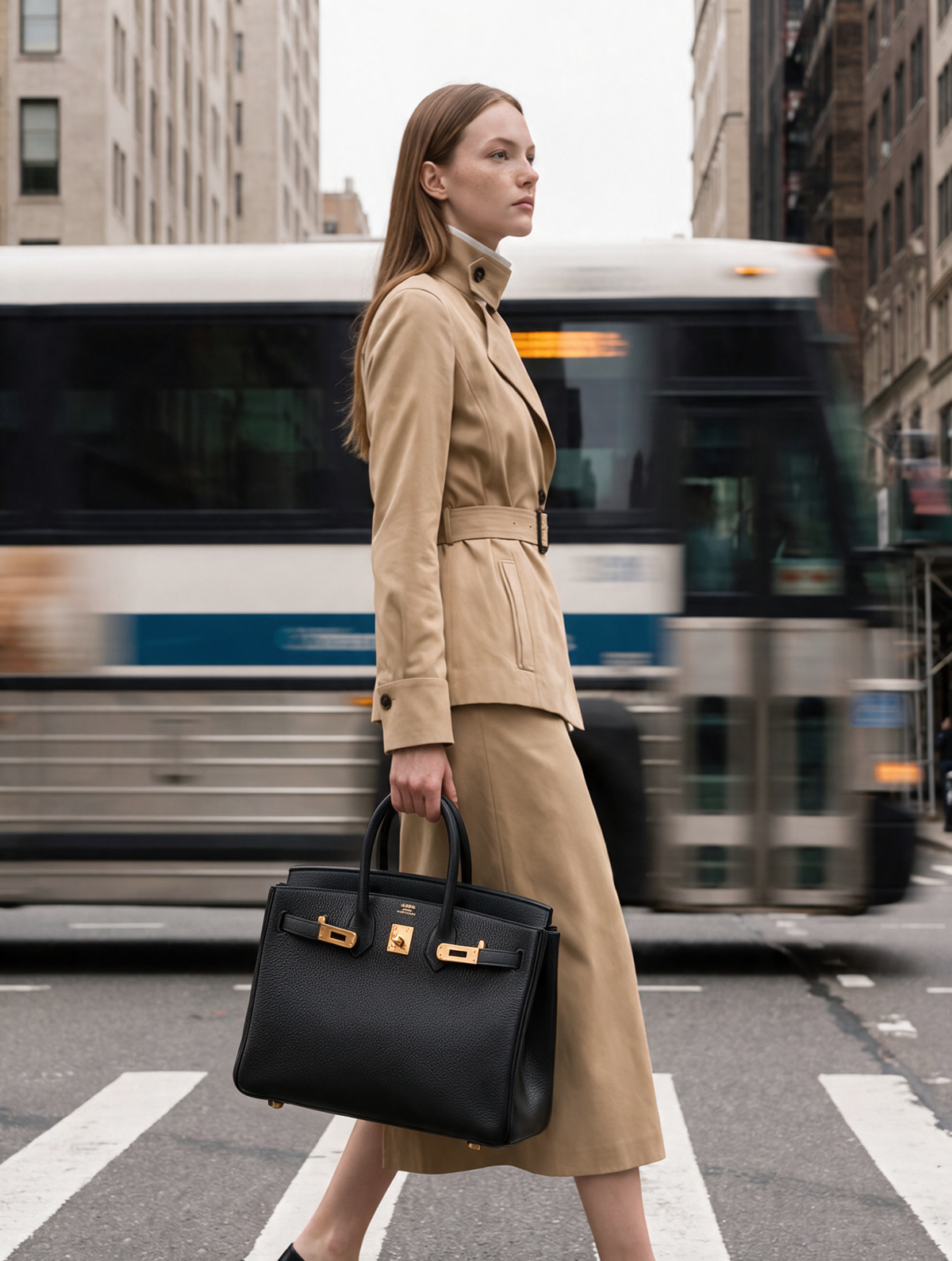 A woman in a beige trench coat and matching skirt walks across a New York city crosswalk while carrying a structured black leather handbag with gold-tone hardware. A blurred bus and urban buildings are in the background.