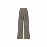 A pair of high-waisted, wide-leg trousers in a muted taupe-gray color, shown flat against a solid white background.