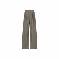 A pair of high-waisted, wide-leg trousers in a muted taupe-gray color, shown flat against a solid white background.