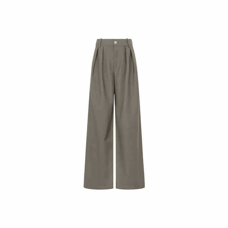 A pair of high-waisted, wide-leg trousers in a muted taupe-gray color, shown flat against a solid white background.