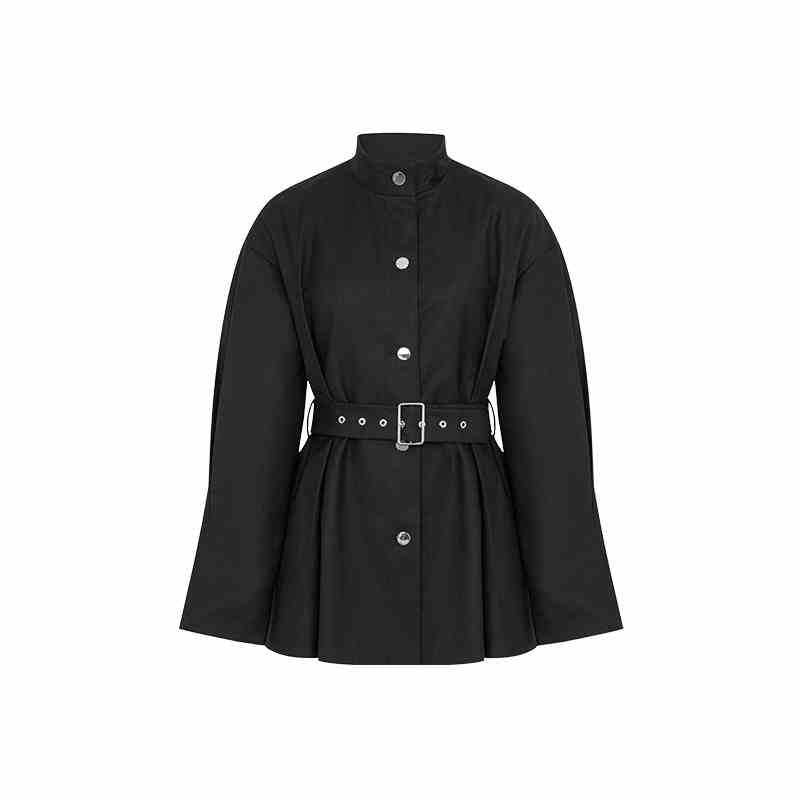 Black coat with silver buttons and a belt on a white background