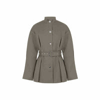 An olive green belted jacket with a stand-up collar and silver buttons, displayed on a clean white background.