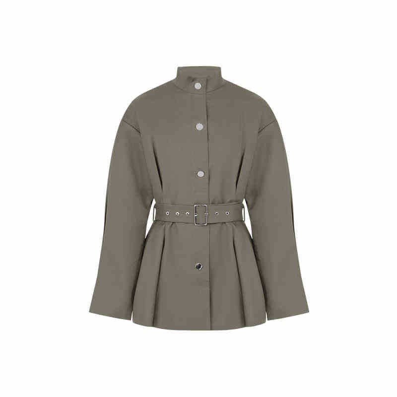 An olive green belted jacket with a stand-up collar and silver buttons, displayed on a clean white background.