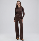 Brown knit set with a button-front crew-neck cardigan and wide-leg pants, women's soft knit two-piece.