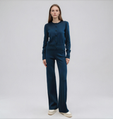 Teal knit set with a button-front crew-neck cardigan and wide-leg pants, women's soft knit two-piece.