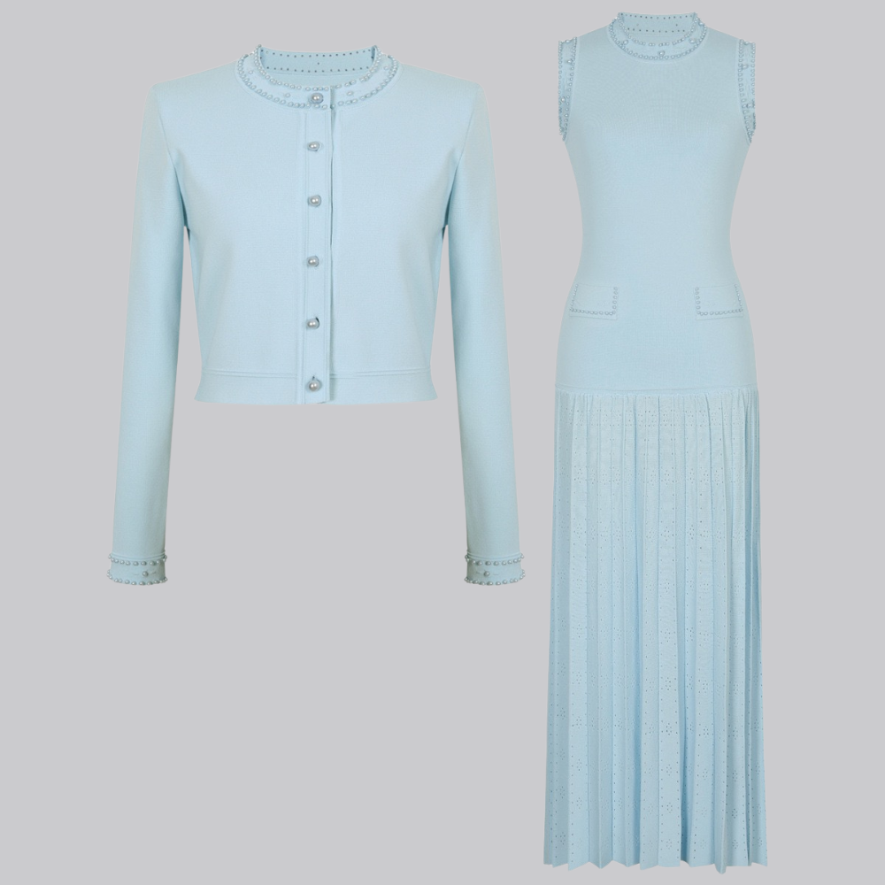 Olivia Pearl Cardigan and Pleated Maxi Dress