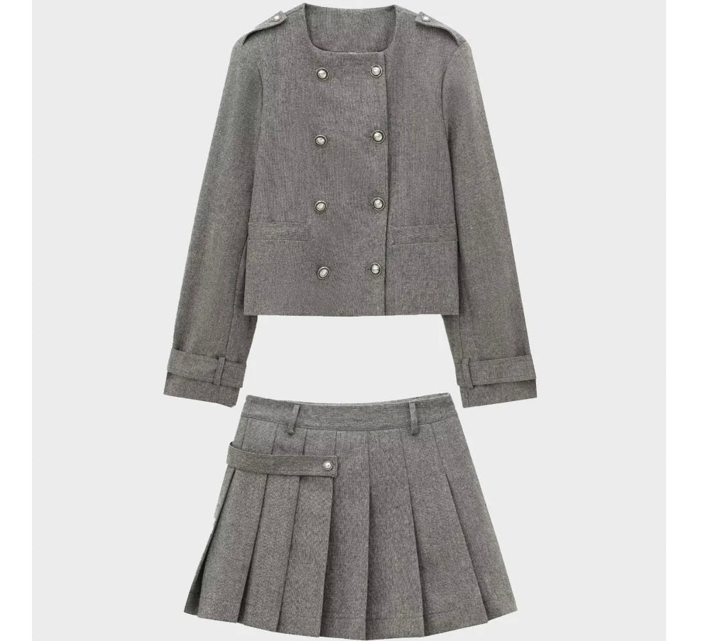 Isobel Grey Wool-Blend Jacket with Pleated Skirt