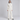 A model stands against a light gray studio background wearing a structured cream-colored two-piece suit consisting of a high-neck jacket and matching wide-leg trousers.