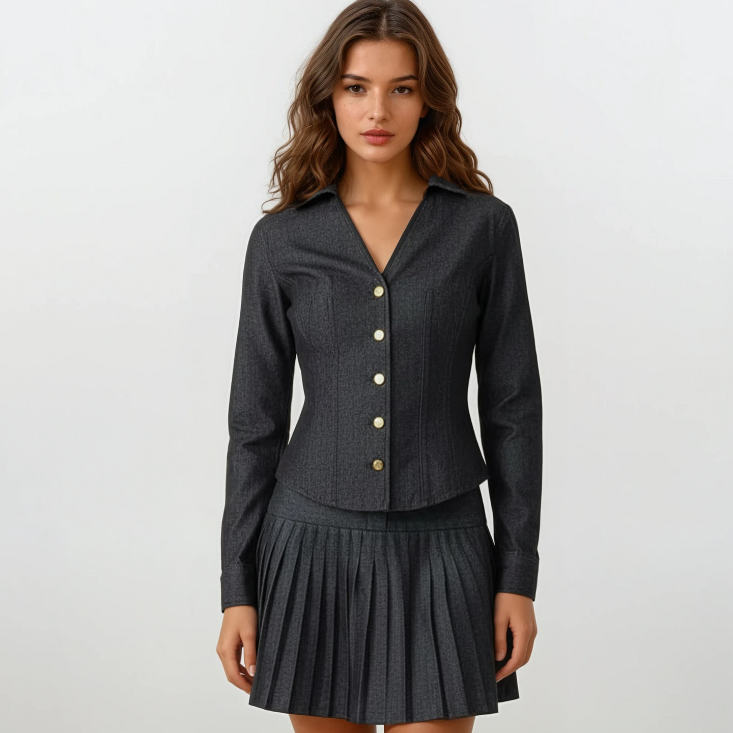 Thea Denim Shirt with Pleated Skirt