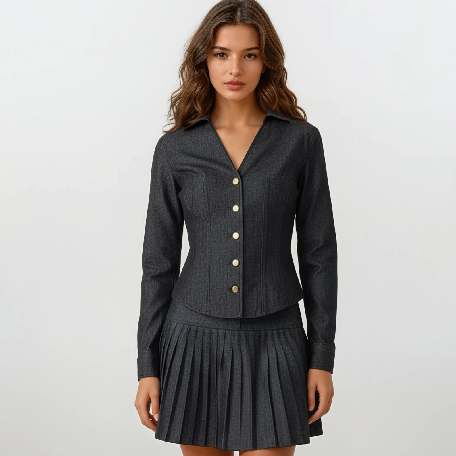 Thea Denim Shirt with Pleated Skirt
