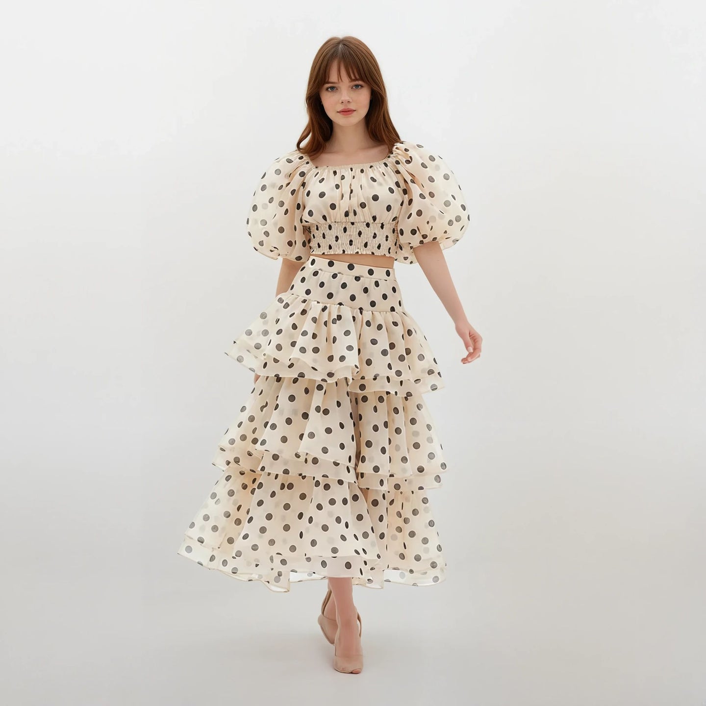 Sophie Polka Dots Puffy Top with Layered Maxi Skirt