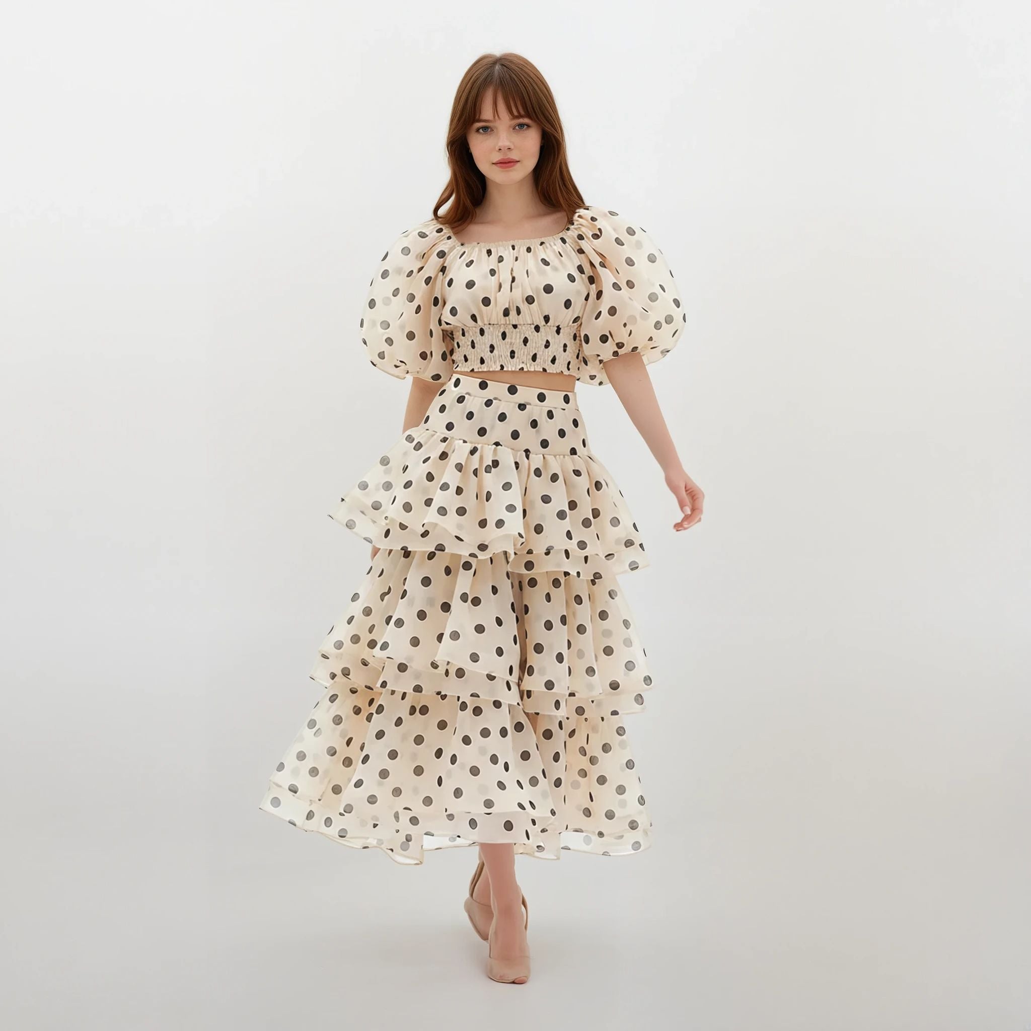 Sophie Polka Dots Puffy Top with Layered Maxi Skirt