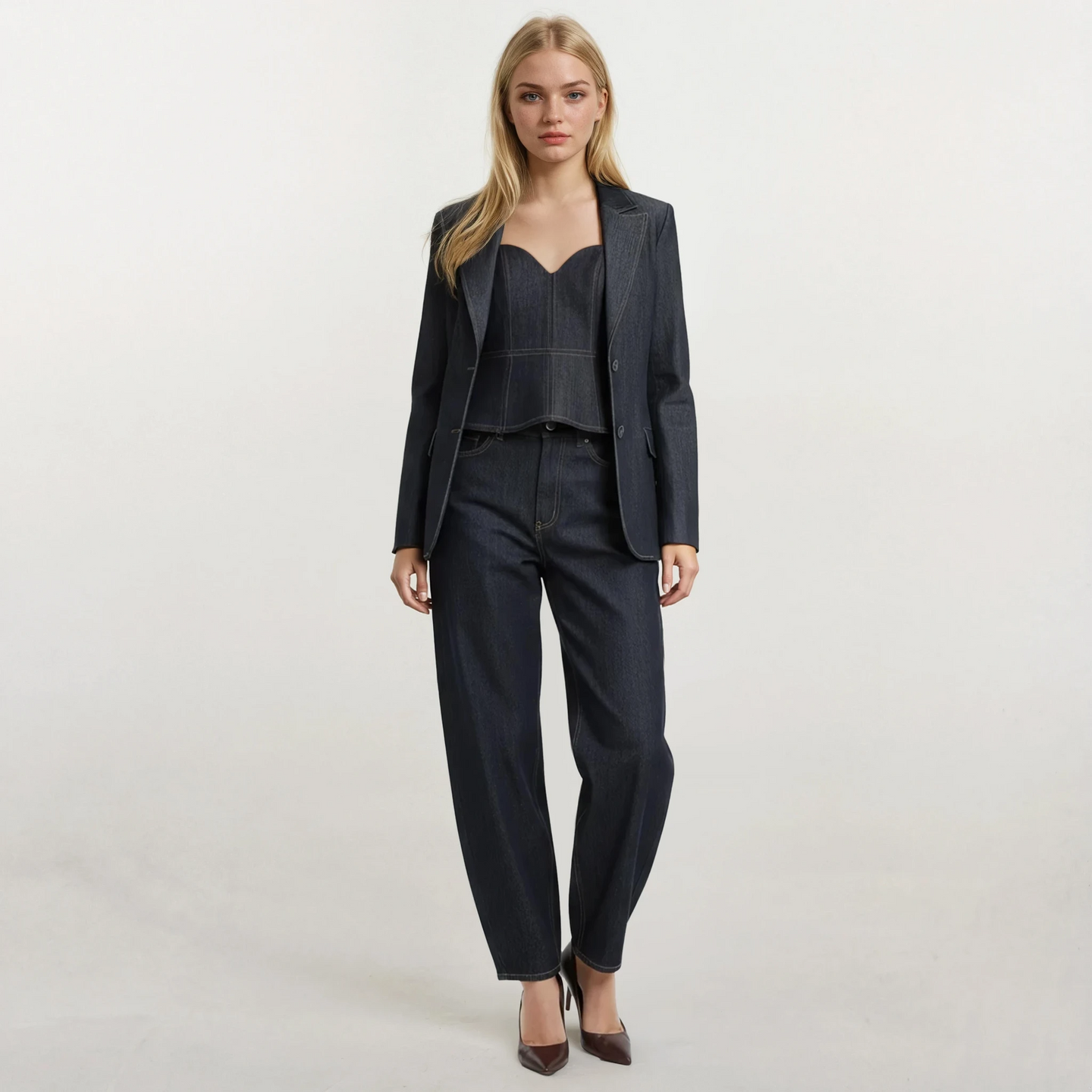 Bronte Denim Peplum Top with Blazer and Pants