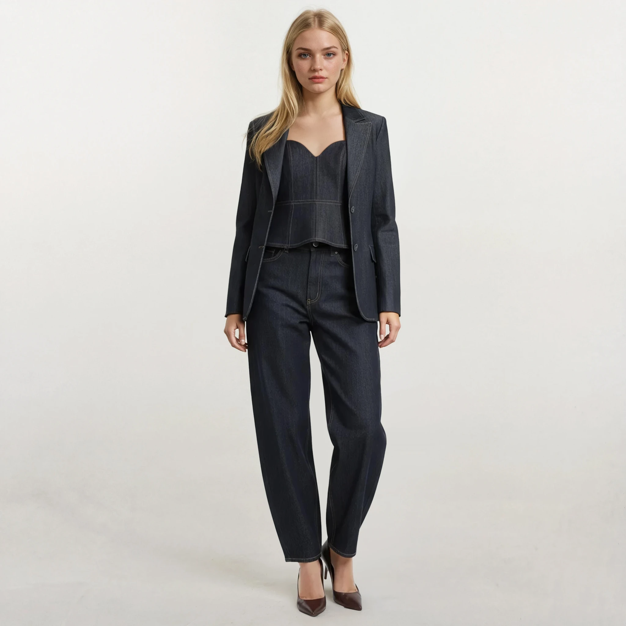Bronte Denim Sweetheart Peplum Top with Blazer and Balloon Jeans