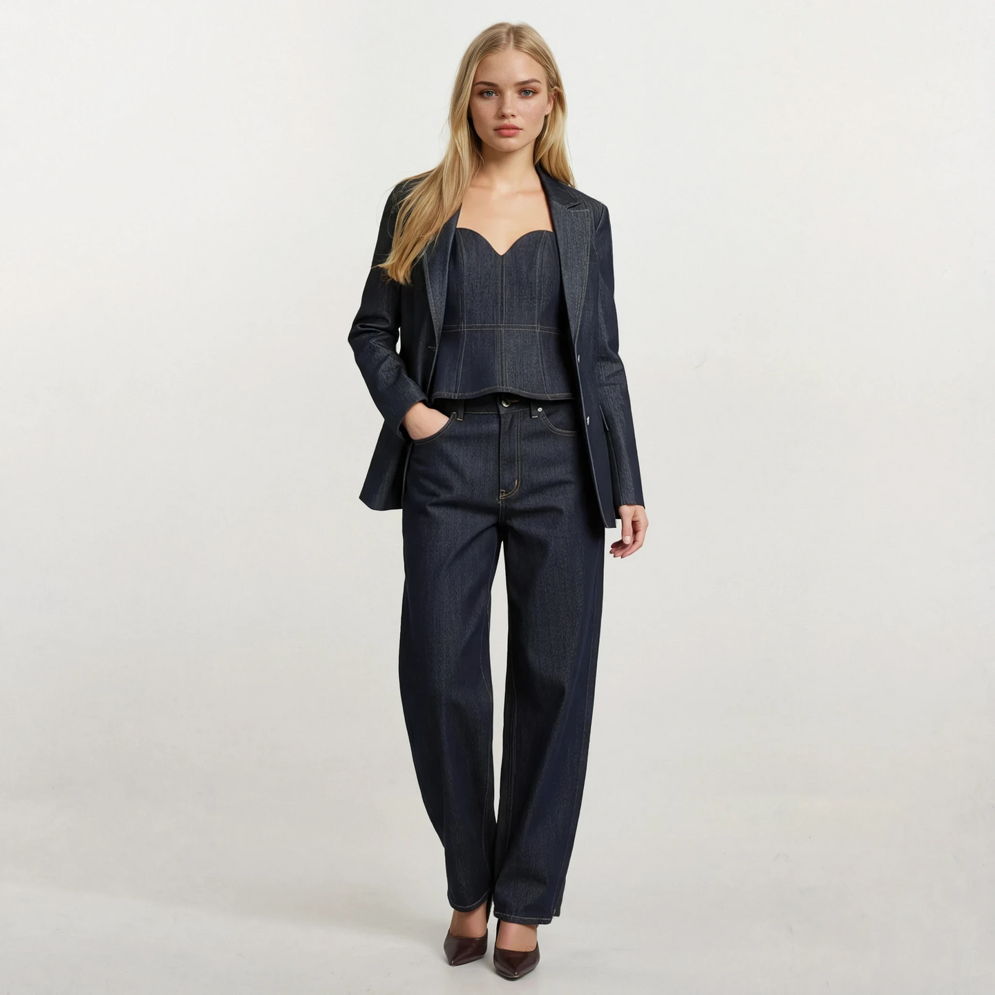 Bronte Denim Sweetheart Peplum Top with Blazer and Balloon Jeans