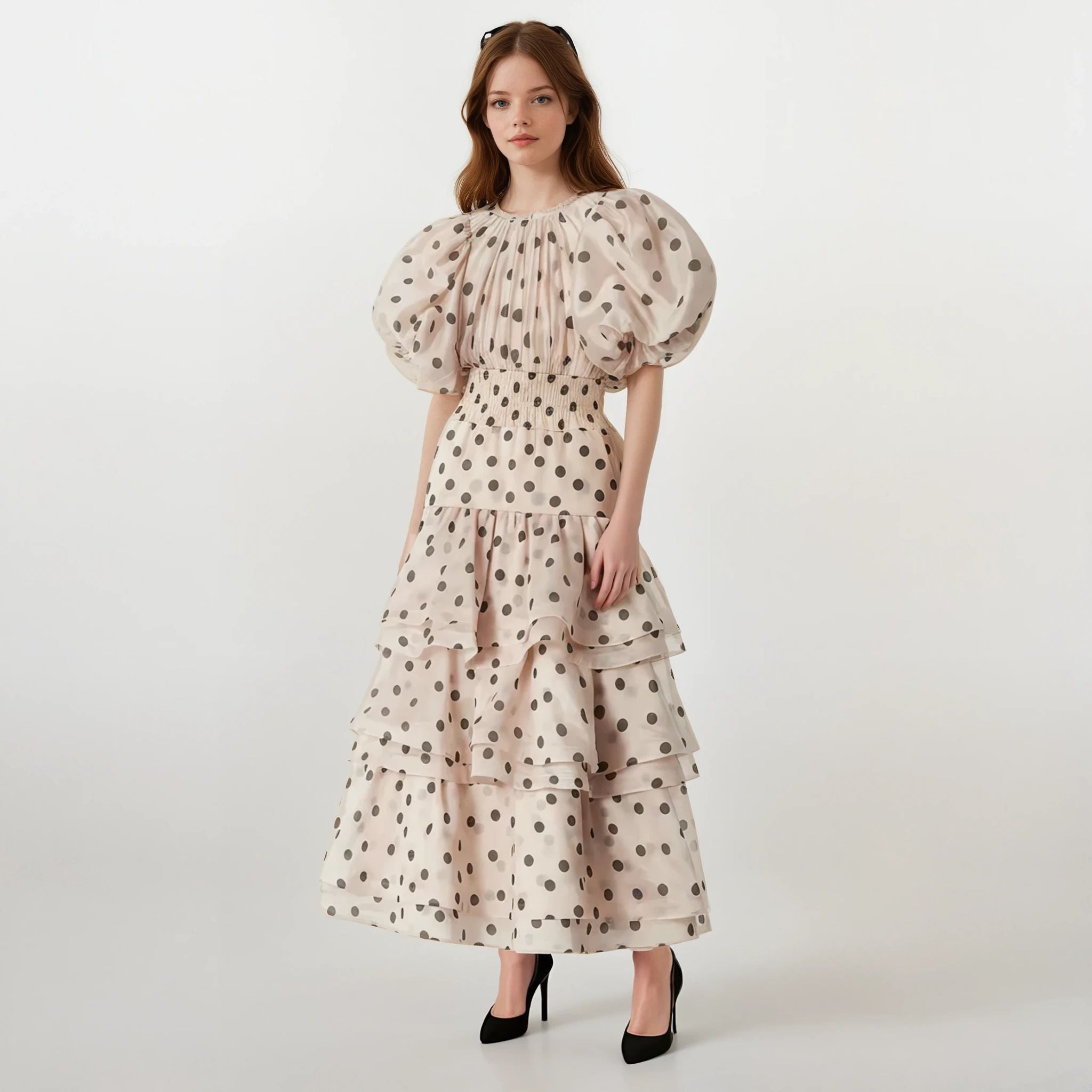 Sophie Polka Dots Puffy Top with Layered Maxi Skirt