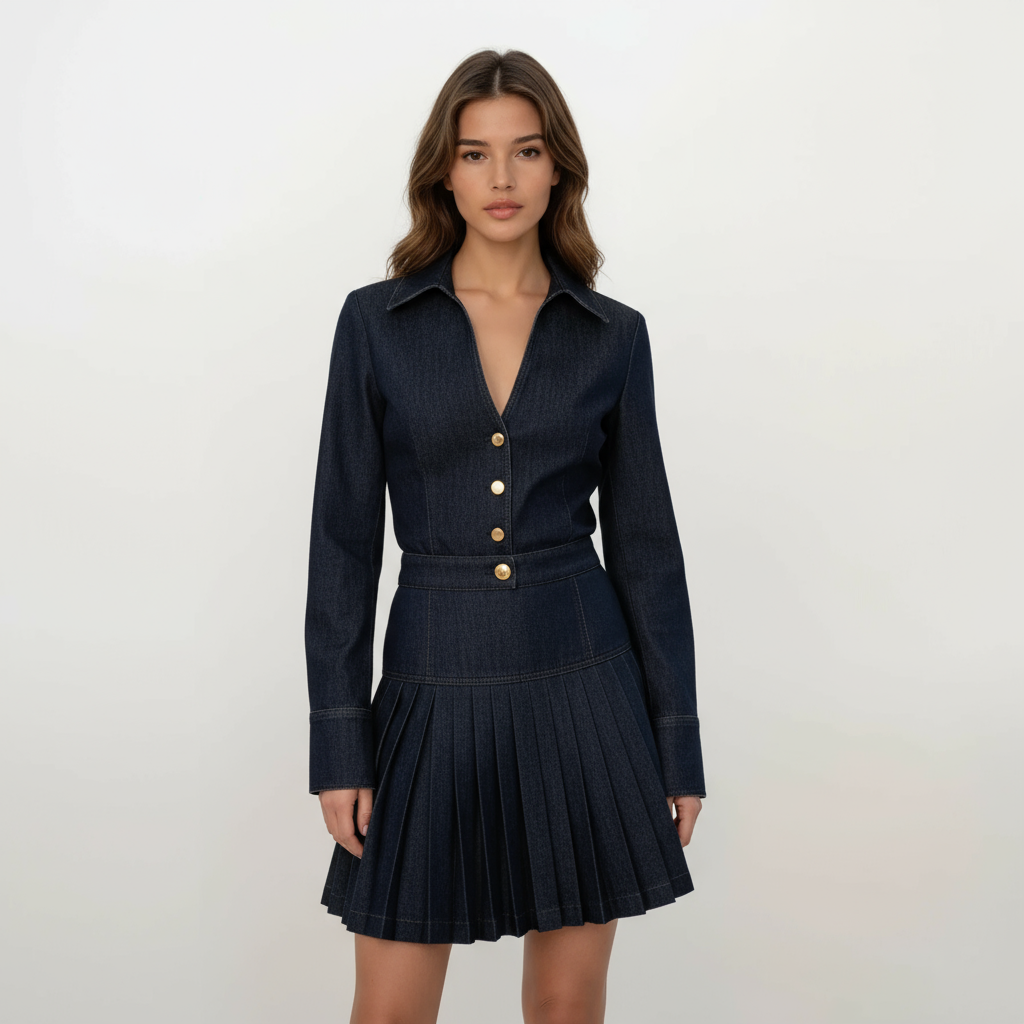 Thea Denim Shirt with Pleated Skirt