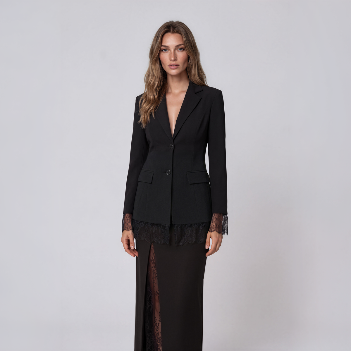Zara Lace-Trim Blazer and Lace-Panel Maxi Skirt