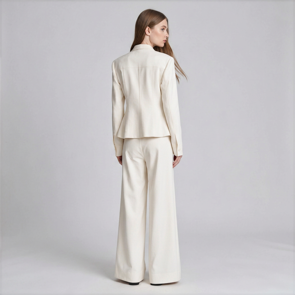A woman stands with her back to the camera wearing a matching cream-colored tailored suit consisting of a cropped blazer and wide-leg trousers, set against a plain light gray studio background.