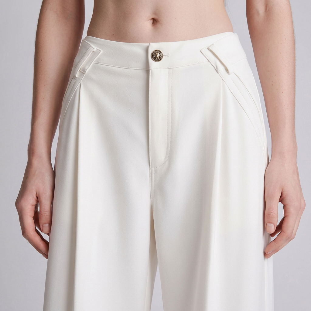 A close-up of a model wearing high-waisted, wide-leg trousers in an off-white or cream color. The trousers feature a structured waistband with a single gold-tone button, diagonal welt pockets, and a clean, minimalist design.