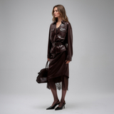 Scarlett Chocolate Brown Leather Jacket and Lace-Trim Midi Skirt