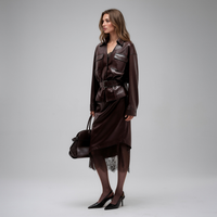 Scarlett Chocolate Brown Leather Jacket and Lace-Trim Midi Skirt