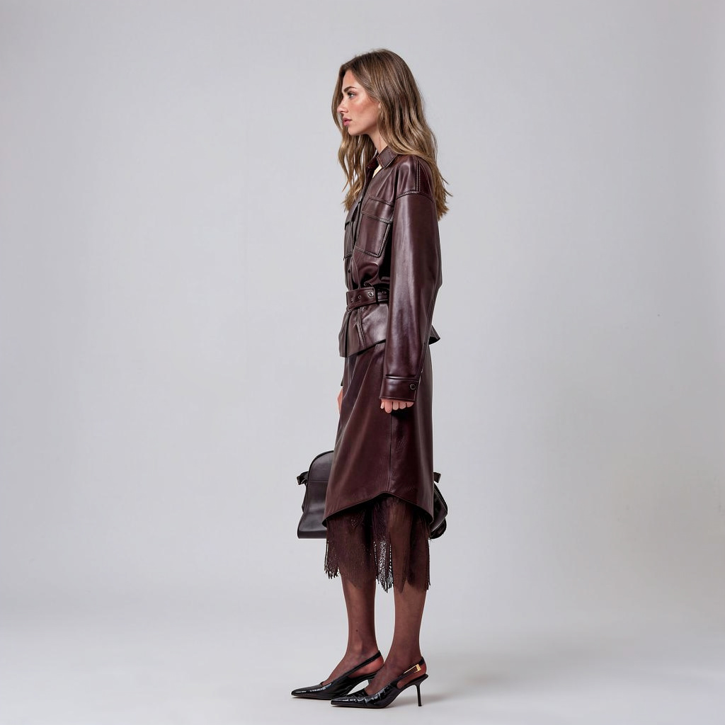 Scarlett Chocolate Brown Leather Jacket and Lace-Trim Midi Skirt