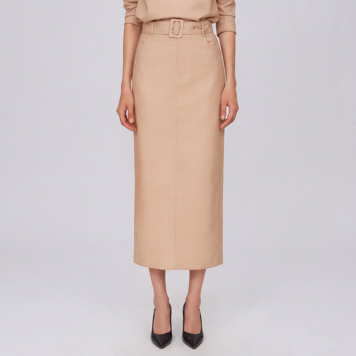 Samantha V-Neck Top and Belted Midi Pencil Skirt
