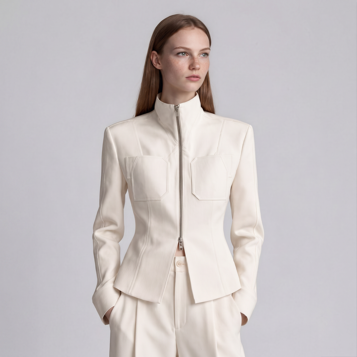 A woman modeling a structured cream-colored jacket with a high stand-up collar, front zipper, and flap chest pockets, paired with matching trousers against a light gray studio background.