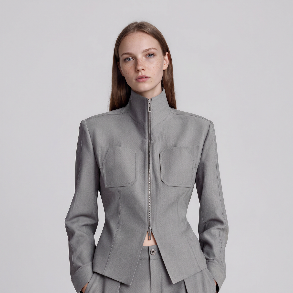 A woman modeling a structured light gray jacket with a high stand collar, front zipper, and two large chest pockets, photographed against a plain light gray studio background.