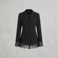 A black tailored blazer with notched lapels, two front buttons, flap pockets, and a sheer black lace hem and matching lace cuffs, shown against a light gray textured background.