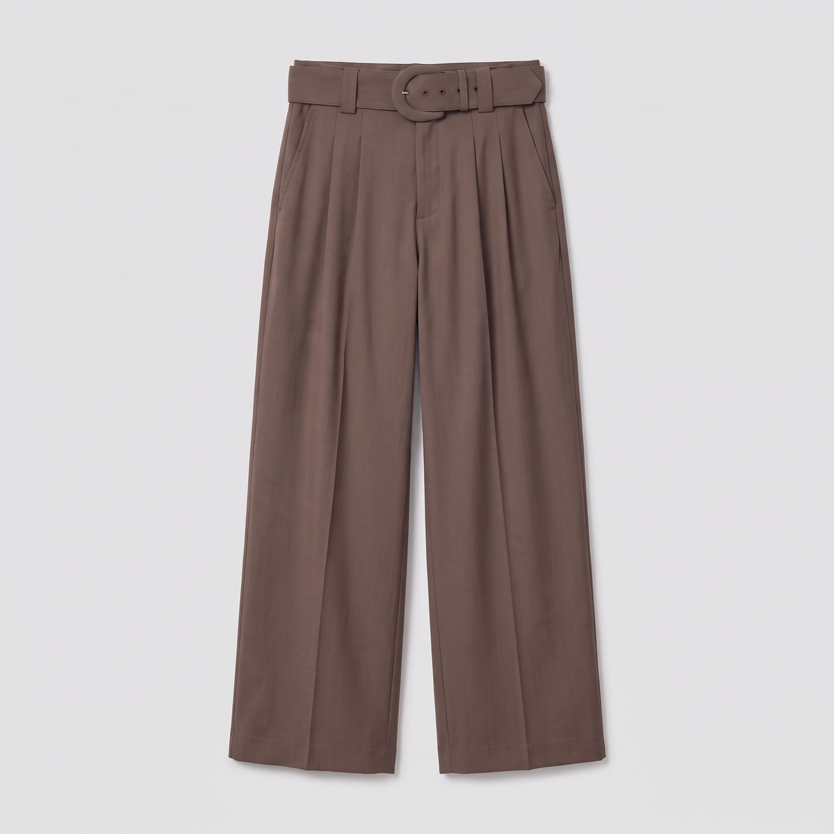A pair of high-waisted, wide-leg trousers in a muted taupe-brown color, featuring a matching belt with a round metal buckle, displayed against a light gray background.