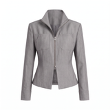 A light gray structured jacket with a stand collar, front zipper, and two flap chest pockets, shown on a plain white background.
