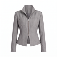 A light gray structured jacket with a stand collar, front zipper, and two flap chest pockets, shown on a plain white background.