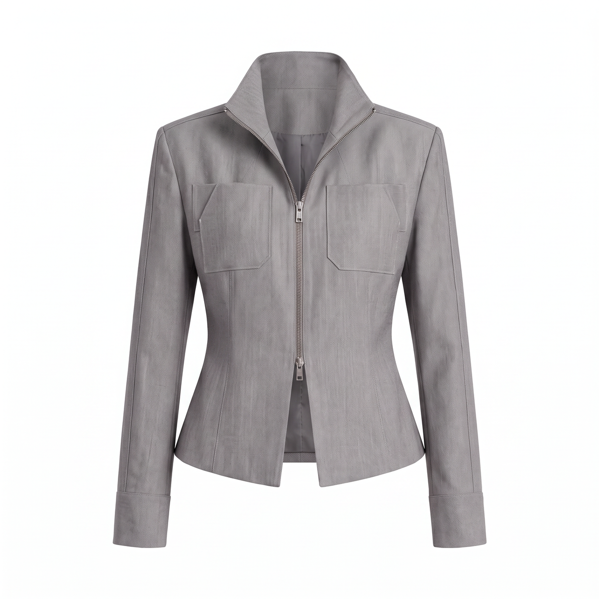 A light gray structured jacket with a stand collar, front zipper, and two flap chest pockets, shown on a plain white background.